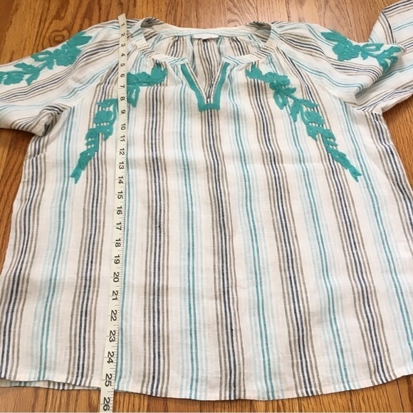 J. Jill 100% linen embroidered floral V-neck Long Sleeve Striped Blouse - Picture 9 of 16